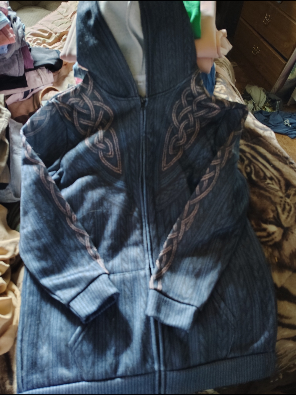 Navy Blue Hooded Zip-Up Jacket with Celtic Embroidered Detail